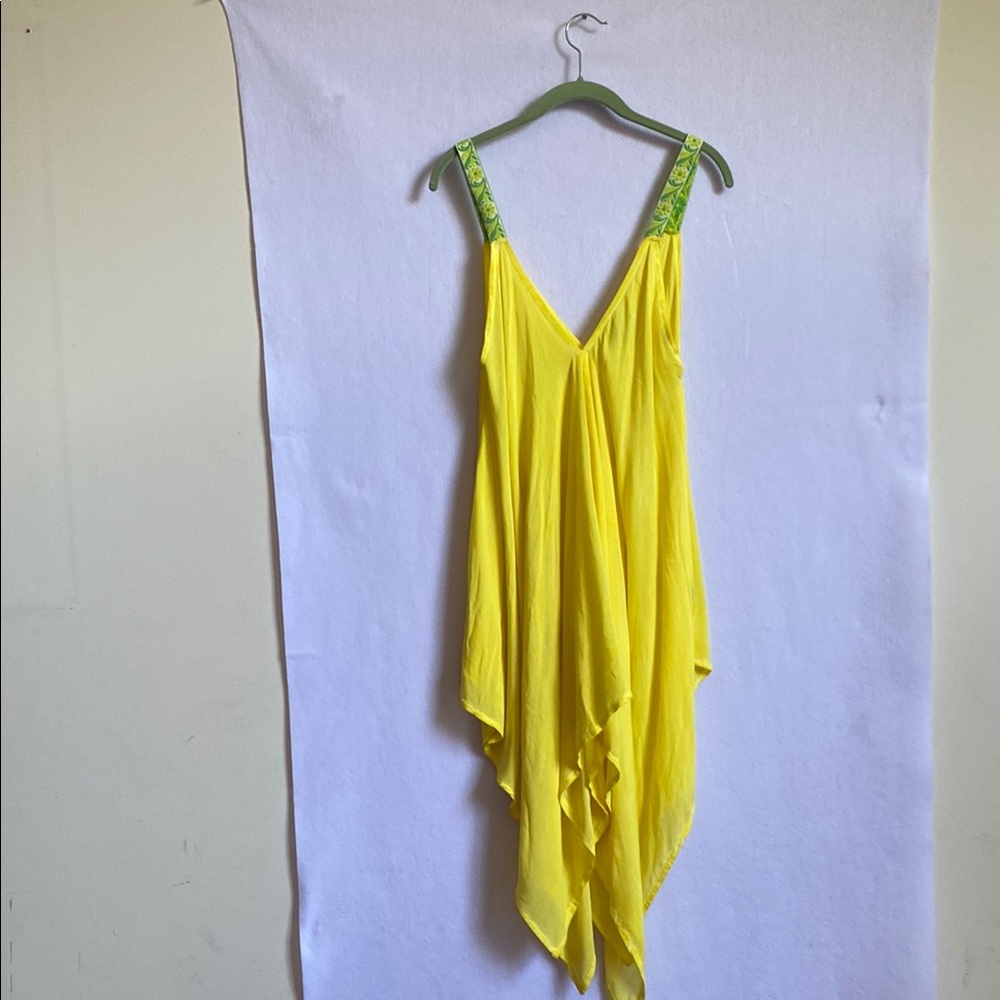 Vibrant Asymmetrical Yellow Dress with Green Accents
